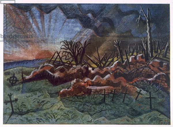 Sunrise, Ruins of a Hospice, north west of Wytschaete, destroyed by bombardment in 1917, from British Artists at the Front, Continuation of The Western Front, Part Three, Paul Nash, 1918 (colour litho)