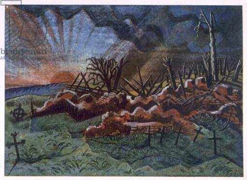Sunrise, Ruins of a Hospice, north west of Wytschaete, destroyed by bombardment in 1917, from British Artists at the Front, Continuation of The Western Front, Part Three, Paul Nash, 1918 (colour litho)